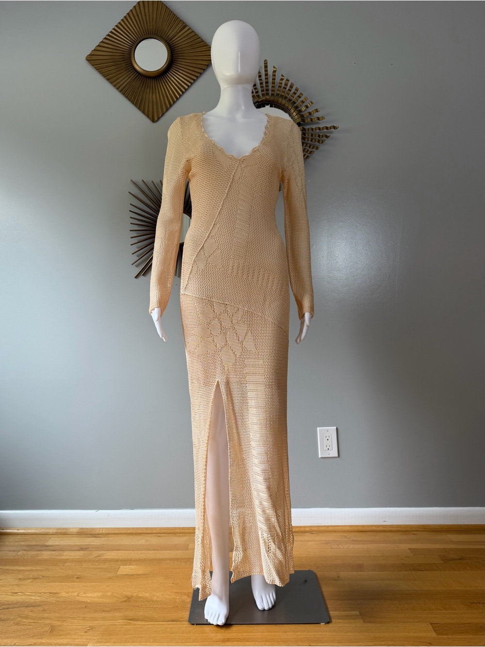 Free People Cream Long Sleeve Knit Maxi Dress with Front Slit